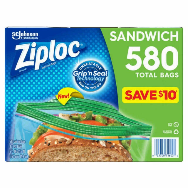 Ziploc Easy Open Tabs Sandwich Bags, Box of 580, Pack of 36 - Clear