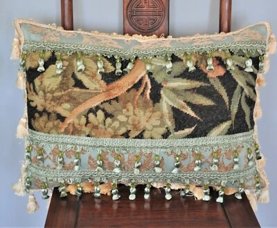 Wool Needlepoint Pillow Cover Custom Made Black Cushion 16x24 w Bamboo Leaves - Image 1 of 4