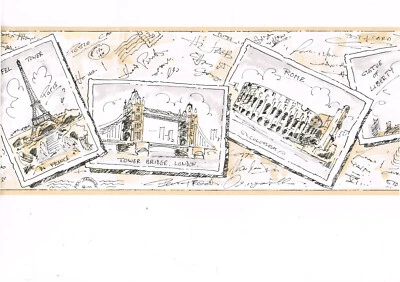 Travel Postcards New York Paris Eiffel Tower Rome London Wallpaper Border 6.8" W - Image 1 of 4