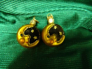 OLD WORLD MAN IN MOON SET OF 2 GLASS CHRISTMAS ORNAMENT W/TAGS FEATHER TREE - Picture 1 of 3