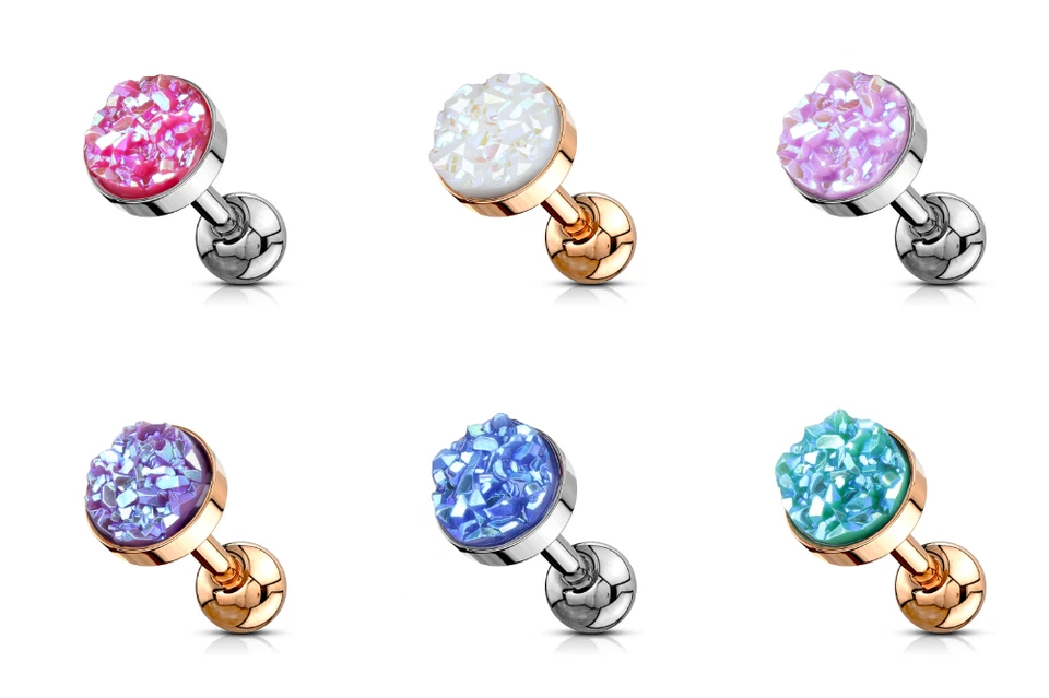  Created Druzy Stone Flat Set Top 316L Surgical Steel Cartilage Barbell Stud 16G - Image 1 of 1