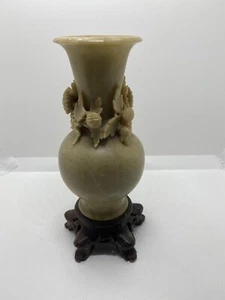 Vintage Asian 8.5” Tall Chinese Carved Flowers Soapstone Vase Figurine Statue - Picture 1 of 11