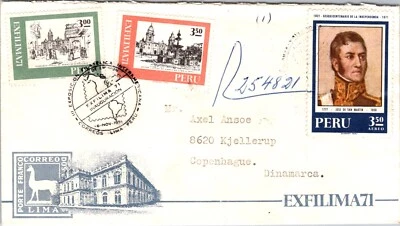 PERU 1971 POSTAL ILLUSTRATED REG COVER COMM EXFILIMA71 ADDR DENMARK SPECIAL CANC - Image 1 of 2