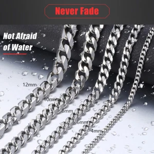 4/6/8/10/12/15/17/19mm Men's Necklace Stainless Steel Silver Cuban Chain Jewelry - Picture 1 of 12