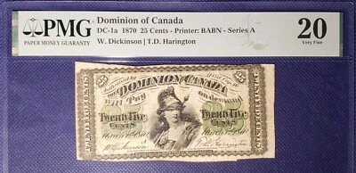 Dominion of Canada DC-1a 1870 25 Cents Series A (Dickinson-Harington) PMG VF20👍 - Image 1 of 2