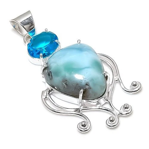 Larimar Blue Topaz Quartz Gemstone Silver Plated Pendant Jewelry 2" - Изображение 1 из 1