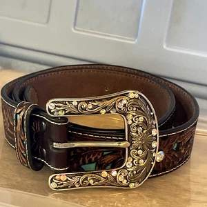 ARIAT Rhinestone Encrusted Brown Turquoise Inlay Leather Belt Size M - A1513402 - Picture 1 of 18
