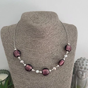 Wire Choker Necklace Purple Glass Foiled Beads Jewellery - Picture 1 of 5