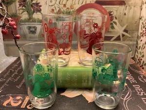 (4) 1953~Swanky Swig/Bustling Betty~Kraft Juice~4 Oz~Novelty Glasses~Green & Red - Picture 1 of 5