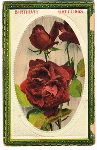Vintage Postcard sends Birthday Greetings w/Scarlet Rose in Oval - Picture 1 of 1