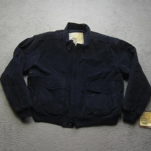 G-III Suede Bomber Jacket Mens Large Navy Blue Leather Fashions Pockets Ribbed - Picture 1 of 13