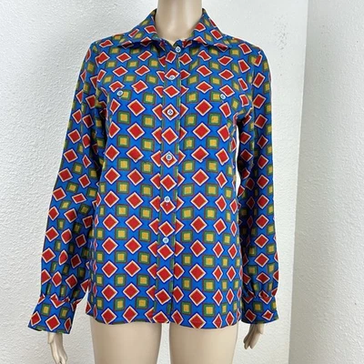 1985 Saint Laurent  Women Jupe Blouse Size 38 VTG 80s Colorful Blue Geo - Image 1 of 4