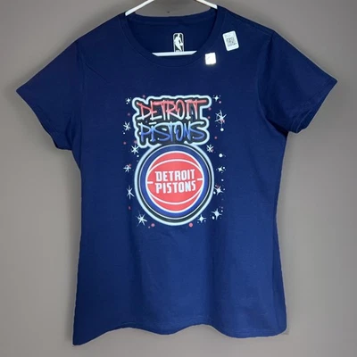 Detroit Pistons Women’s Medium T-Shirt NBA Blue Graffiti Logo Graphic Tee NWT - Image 1 of 4