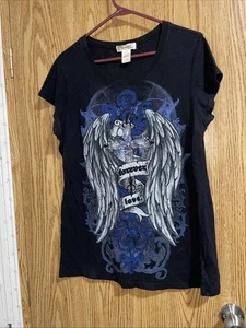 Twisted Courtesy Juniors Top XXL Black Shirt Y2K Cross Angel Wings Emo Goth Kpop - Picture 1 of 8