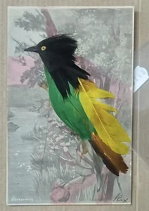 UCCELLO BIRD-CARTOLINA CON PIUME REALI-D17-148 - Picture 1 of 1