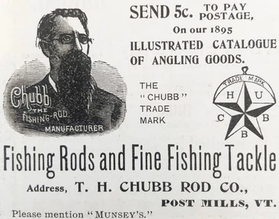 T.H.CHUBB CAÑAS DE PESCAR Y APAREJOS Molinos de Postes VT. De Colección 1895 Catálogo de Pesca Anuncio Impreso Foto 1 de 2