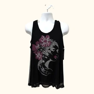 Just One Racer Back Women’s Tank Top Floral Fishnet Sheer Gothic Plus Sz 2X NWT - Picture 1 of 9