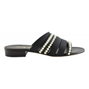 Chanel 20P Black White Pearl Strap CC Logo Slide Slip On Sandal Mule Flat 38 - Picture 1 of 9