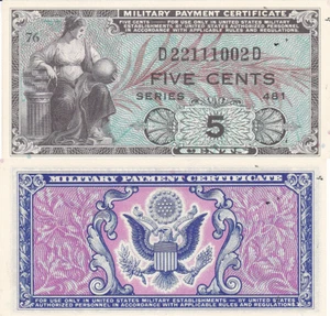 Military Payment Certificate Series 481 5 Cent Korea Era 1951-54 Unc Stock Photo - Picture 1 of 1
