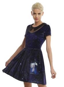 BBC DR Doctor Who Tardis Galaxy Vestido Patinador Cuello Cerradura Cuello Peter Pan JRS. - Imagen 1 de 3