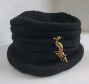 Scala Vintage Women’s Cloche Wool Black Hat With Peacock Pendant MCM Flapper - Picture 1 of 7