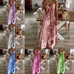 Summer Women Floral Long Dress Ladies Boho Beach Holiday Maxi Cami Dress - Picture 1 of 59