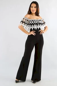 Women Black Corset Bell legs Jumpsuit w/Black white Crochet Top. Size Medium. - Picture 1 of 2