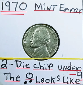 1970 P Nickel Mint Error 2 Die Chips Under The 0 in The Date Looks Like 9 Rare - Picture 1 of 10