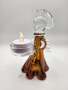 Art Glass Angel Tealight Candle Holder With Gold Pearlescent Swirls In Amber - Picture 1 of 11