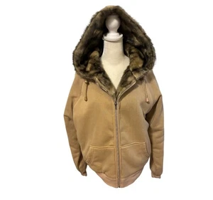 Abrigo de piel con capucha Donna Salyers Fabulous Furs XL chaqueta de piel sintética color camello tostado vegano - Imagen 1 de 12