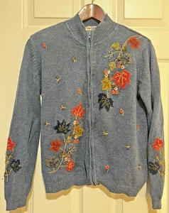 VTG Tiara Intl Fall Autumn Leaves Embroider Blue Sweater Cardigan SMALL Full Zip - Picture 1 of 17