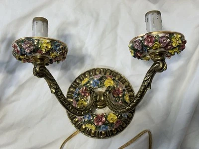 Pair Of Spanish Capodimonte Two Arm Brass And Porcelain Floral Wall Lights - Image 1 of 4