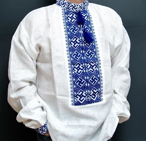 VYSHYVANKA for Men Ukrainian  Embroidery White Blue SWARGA - Picture 1 of 4