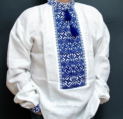 VYSHYVANKA for Men Ukrainian  Embroidery White Blue SWARGA - Image 1 of 4