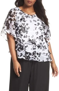 NEW ALEX EVENINGS WHITE BLACK FLORAL TIERED BLOUSE SIZE 1 X WOMEN $149 - Picture 1 of 2