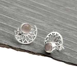 Round Rose Quartz Gemstone Ethnic Stud Post Anniversary Earrings Sterling Silver - Picture 1 of 7