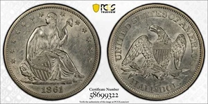 1861 Seated Liberty Half Dollar 50C PCGS AU58 White #9322 - Picture 1 of 5
