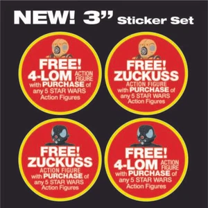 Set of 4 Kenner STAR WARS FREE 4-LOM & Zuckuss action figure promo 3" stickers - Picture 1 of 3