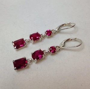 4ct Emerald Oval Simulated Pink Ruby Drop Earrings Women 14k White Gold Plated - Picture 1 of 4