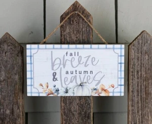 Fall Breeze Autumn Leaves Wood Sign Watercolor Pumpkins Art Blue Orange Decor - Picture 1 of 2