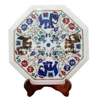 Marble Side Coffee Table Top Lapis Elephant Mosaic Inlaid Occasional Gifts H1691 - Image 1 of 4