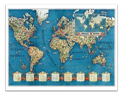 Vintage 1930s Philips Radio World Map Poster - Antique Pictorial Global Print - Image 1 of 4