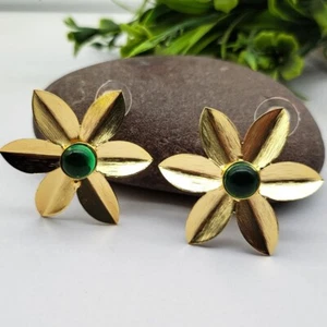 Gold-Plated Green Onyx Flower-Shaped Earrings For Women - Picture 1 of 6