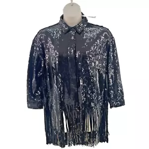 River Island Sequin Fringe Shirt, Long Sleeve, Going Out, Size UK 18-20, Black - Picture 1 of 15