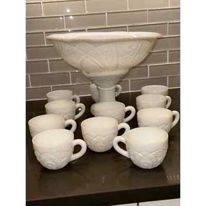 1950s McKee Vintage White Milk Glass Concord Punch Bowl Set With 10 Cups - Picture 1 of 10