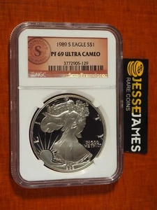 1989 S PROOF SILVER EAGLE NGC PF69 ULTRA CAMEO SAN FRANCISCO SEAL LABEL - Picture 1 of 2