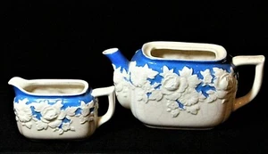 Moriyama Mori-machi Matching Blue & Cream Teapot (no lid) and Creamer Pitcher  - Picture 1 of 16