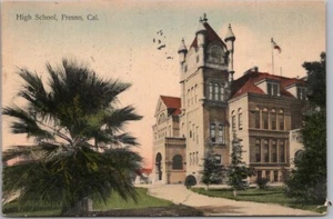 FRESNO California Postal Coloreada a Mano "Escuela Secundaria" Edificio Vista 1913 Cancelar - Imagen 1 de 2