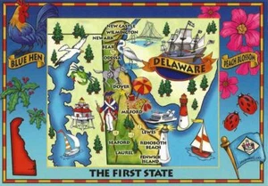 Postal Delaware ""El Primer Estado"" Mapa Estado Lema Estatal Flor Capital COMO NUEVO - Imagen 1 de 1
