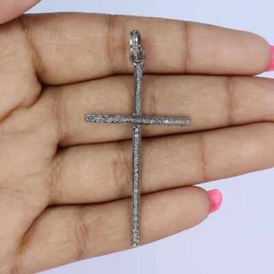 Natural Pave Diamond Cross pendant 925 Sterling Silver Handmade vintage Pendant - Image 1 of 4
